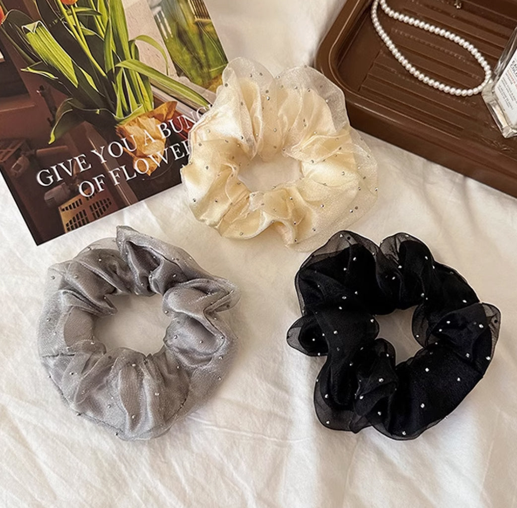 dd a touch of elegance to your hair with these Organza Scrunchies Hair Bands adorned with rhinestones.