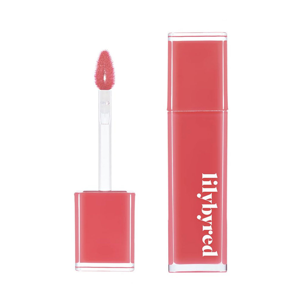 Korean lip tint, arm-summer cool muted tone recommended, a ripe lychee with a shade of pink and rosy pink color