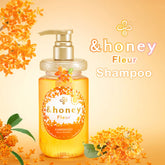 Moisturizing shampoo with honey extracts, jojoba oil, royal jelly, and argan oil, featuring a Kinmokusei and Mimosa fragrance.