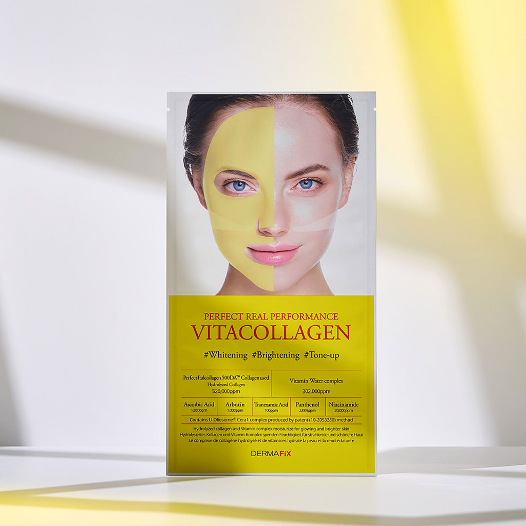 Korean collagen mask and vitamin mask for glowing, firming, and UV protection.